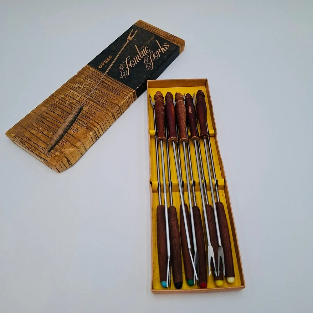 Vintage Set 11 Fondue Forks Stainless Steel Wood Handles Japan Taiwan MCM w/Box